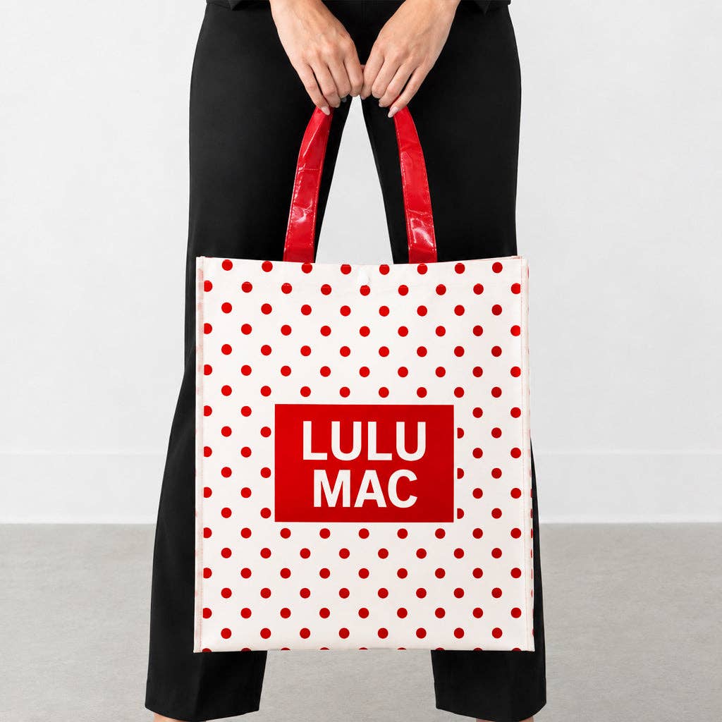 LULU MAC REUSABLE TOTE - WHITE/RED DOT