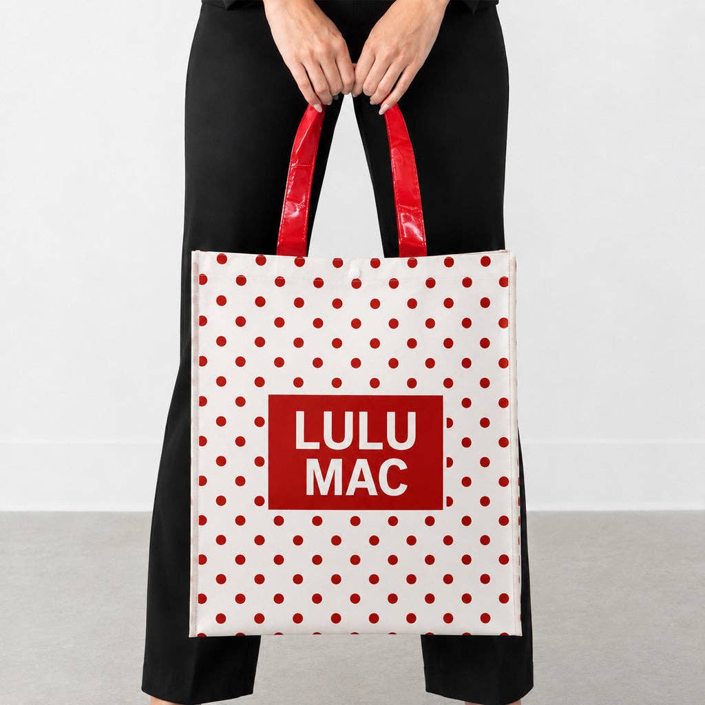 LULU MAC REUSABLE TOTE - WHITE/RED DOT